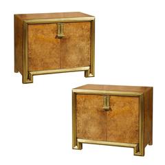 Restored Pair of Modern Cabinets in Burled Elm and Brass