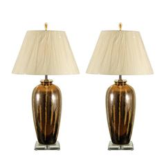 Pair of Large-Scale Modern Ceramic Lamps with Lucite Accents