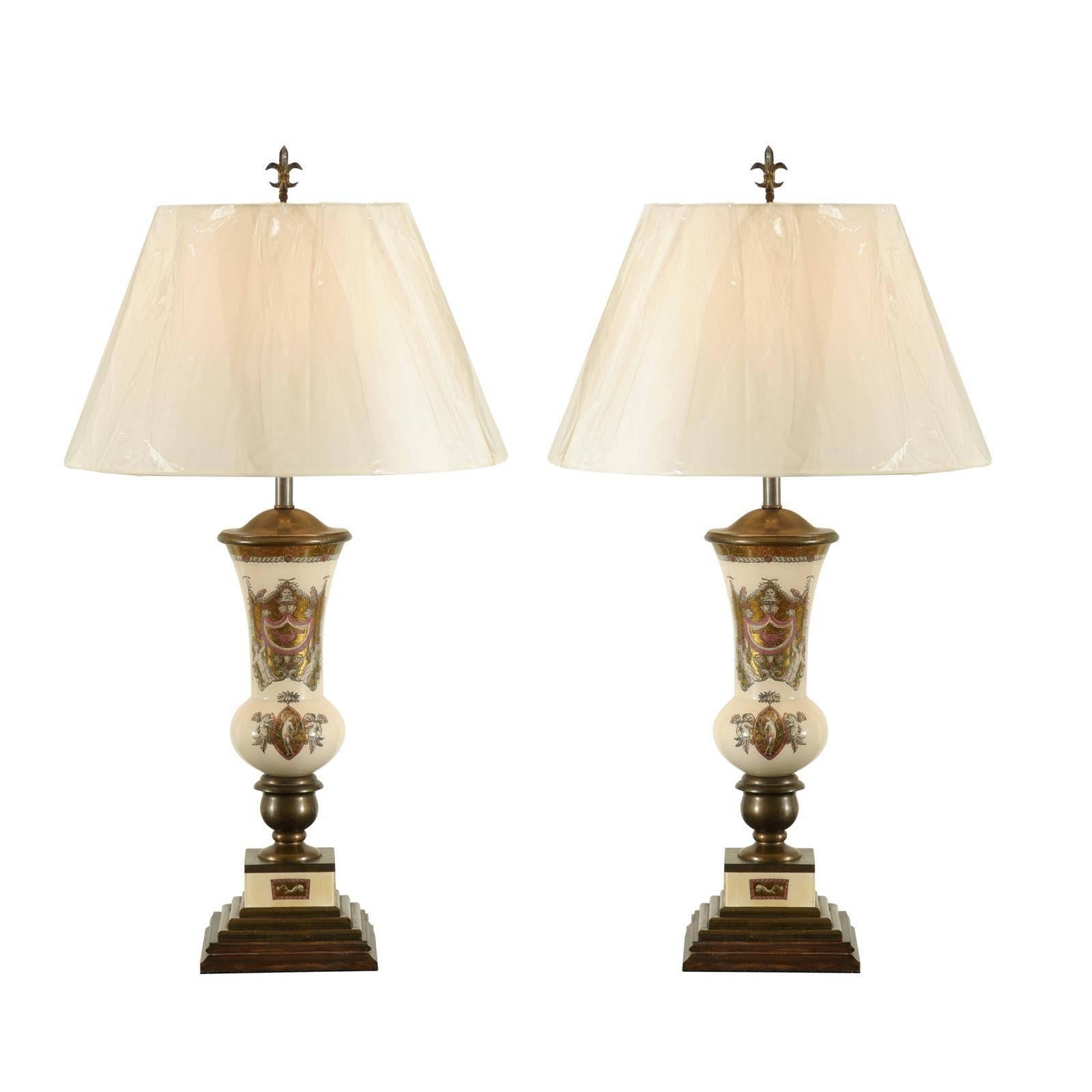 Remarkable Pair of Reverse Painted Lamps in the Style of Piero Fornasetti For Sale