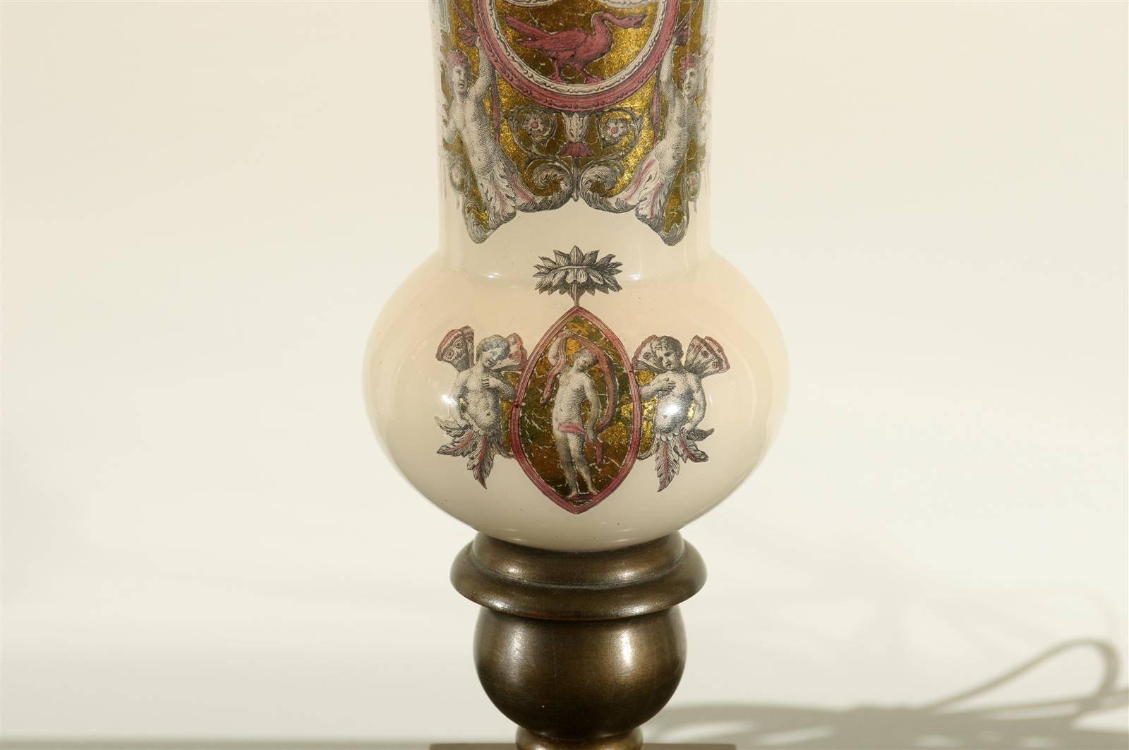 Remarkable Pair of Reverse Painted Lamps in the Style of Piero Fornasetti For Sale 1