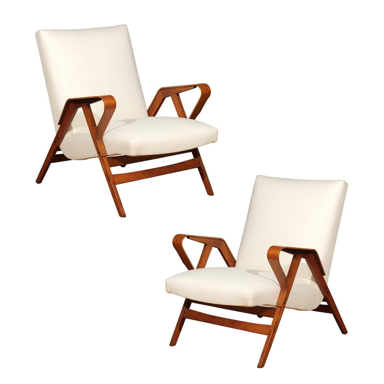 Gorgeous Pair of Restored Vintage Loungers in Maple and Mahogany