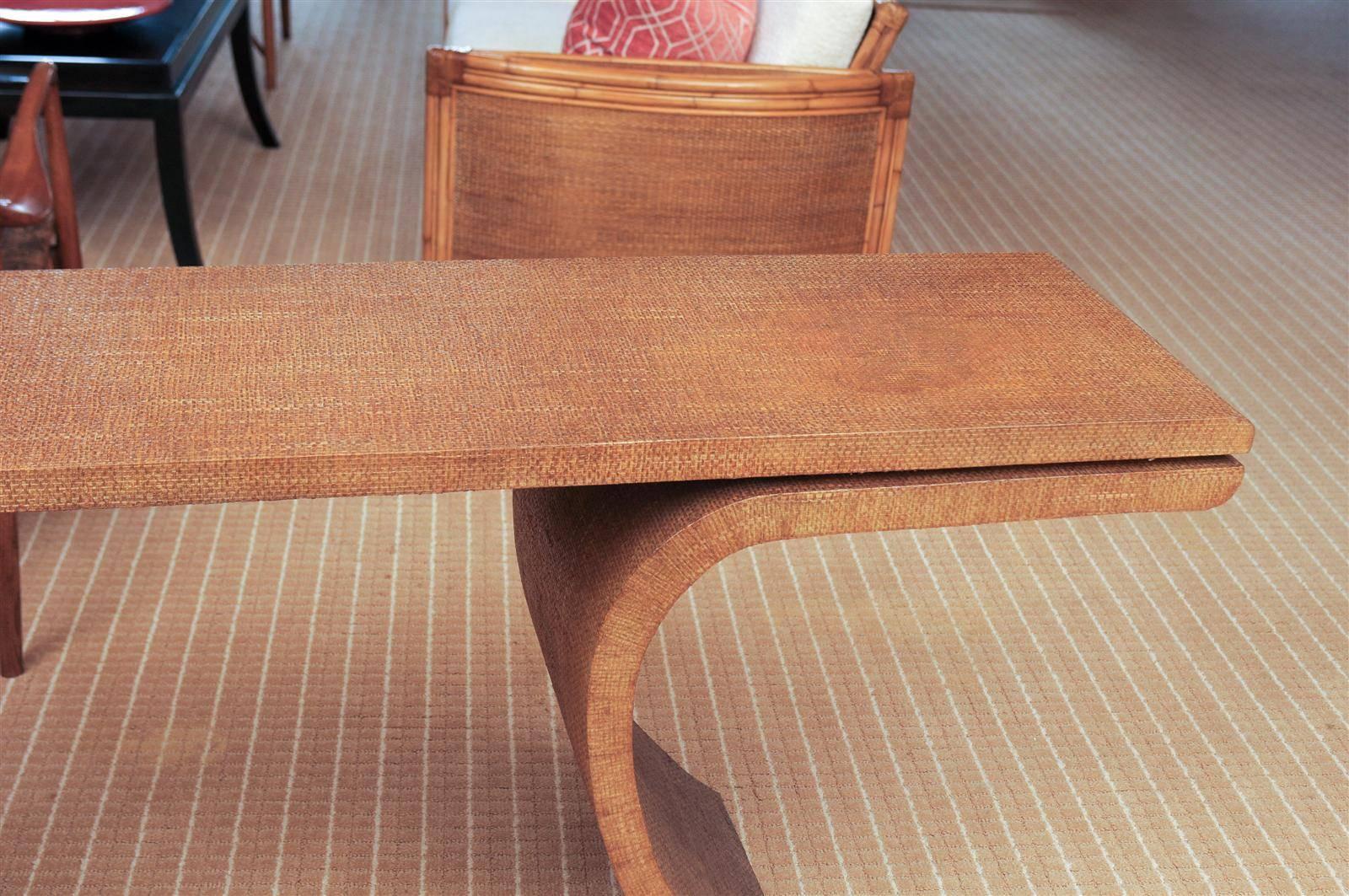 Hardwood Striking Restored Vintage Raffia Console in the Style of Harrison-Van Horn