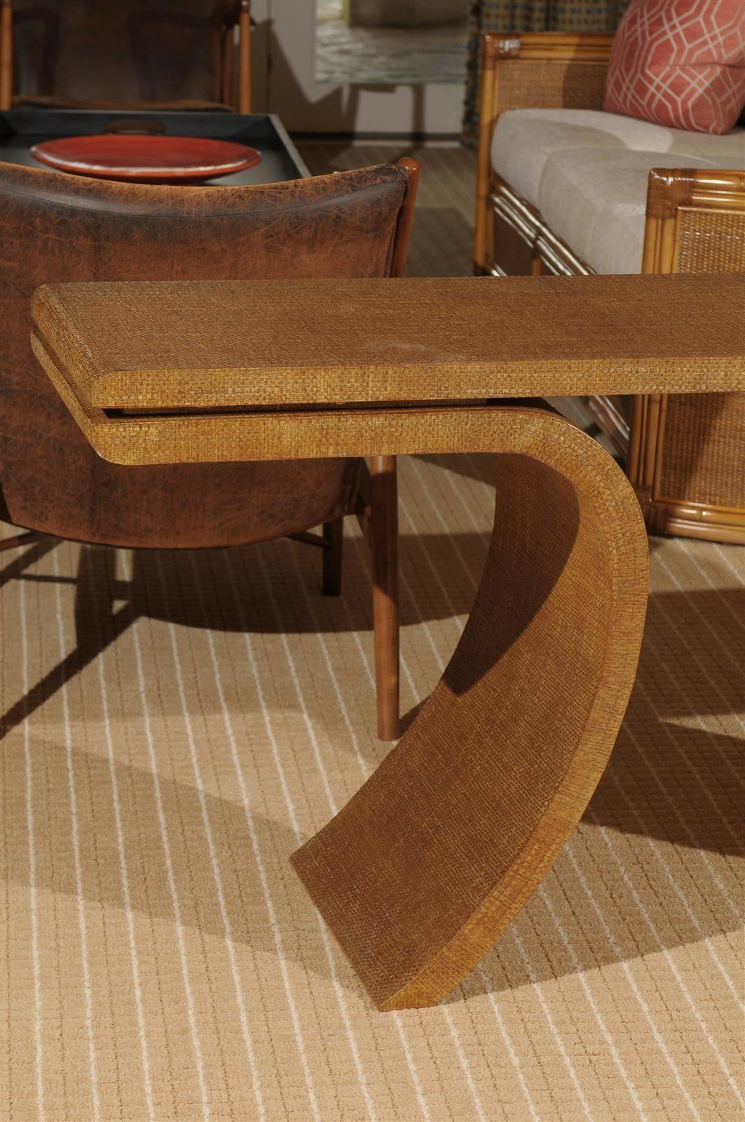 American Striking Restored Vintage Raffia Console in the Style of Harrison-Van Horn