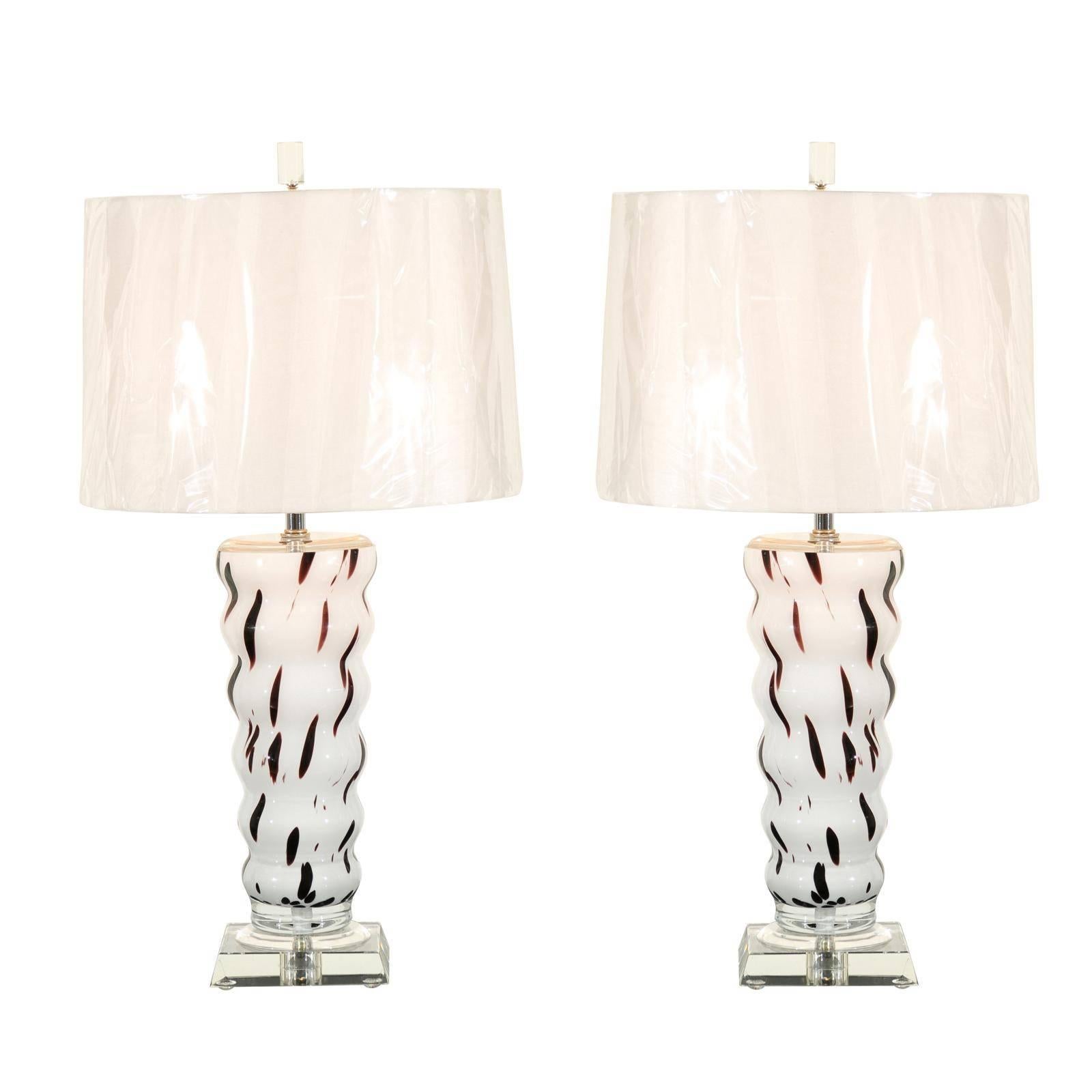 Vintage Blown Glass Lamps in Cream and Chocolate Raspberry