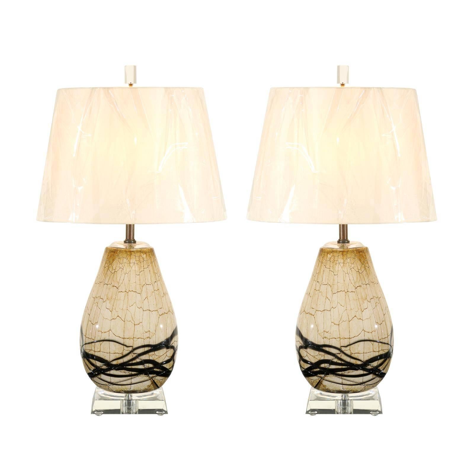Gorgeous Pair of Blown Glass Lamps with Drip Glass Highlights