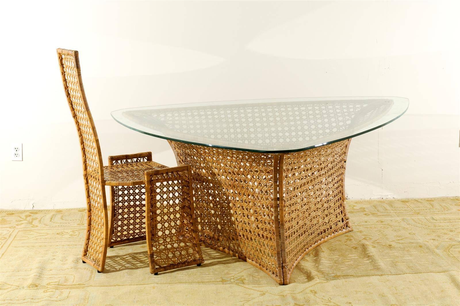 Mid-Century Modern Fantastic Rattan Triangle Base Dining or Game Table by Danny Ho Fong, circa 1975