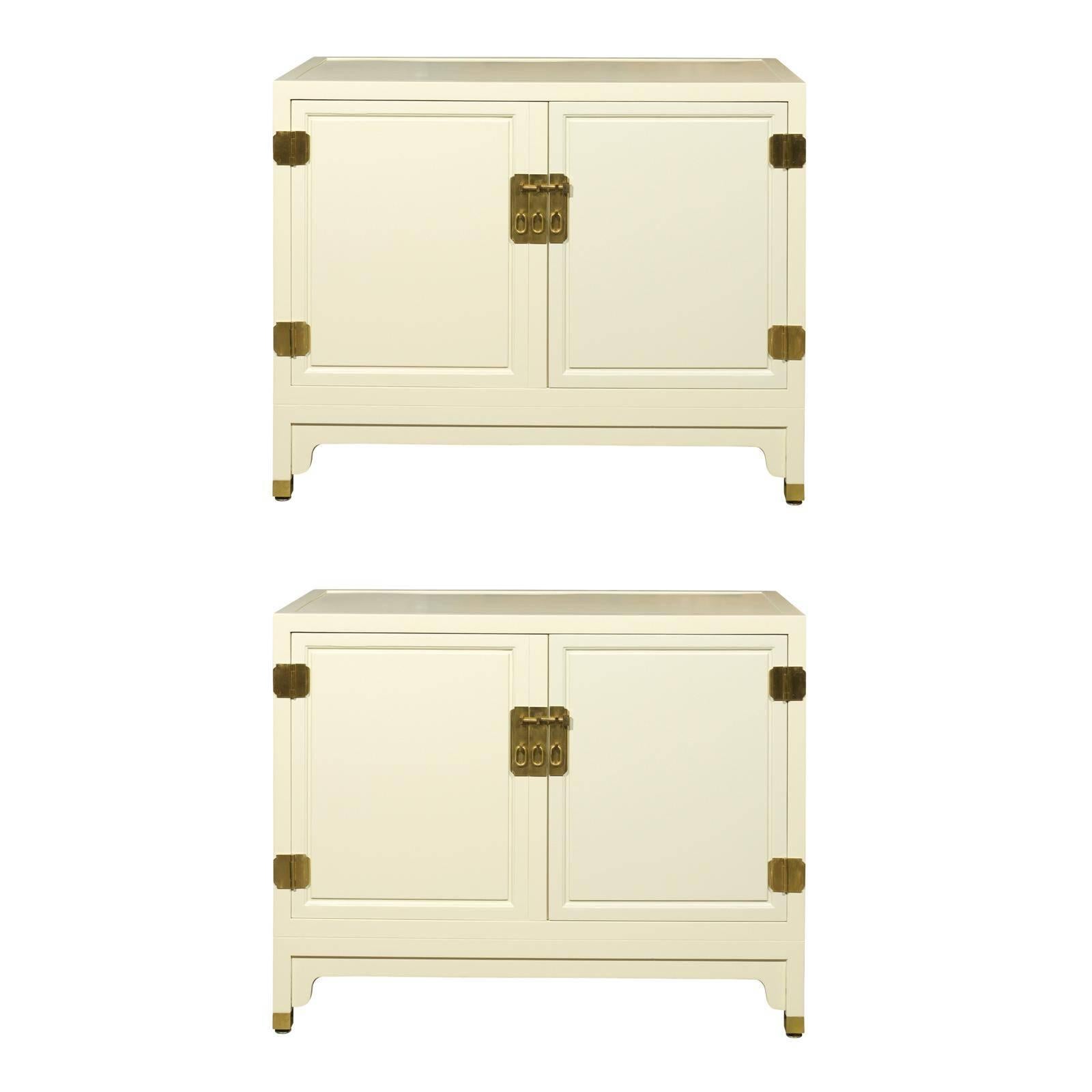 Elegant Pair of Vintage Baker Cabinets Restored in Cream Lacquer