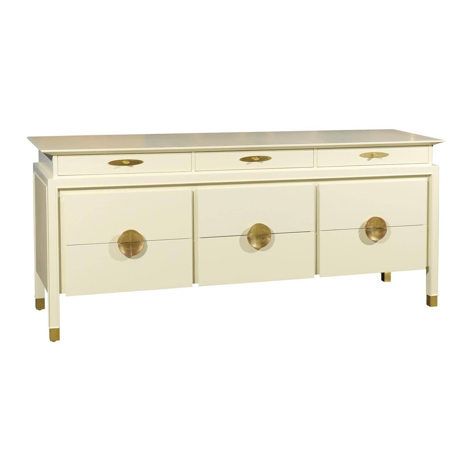 Restored Nine-Drawer Chest by Johnson Furniture Company in Cream Lacquer