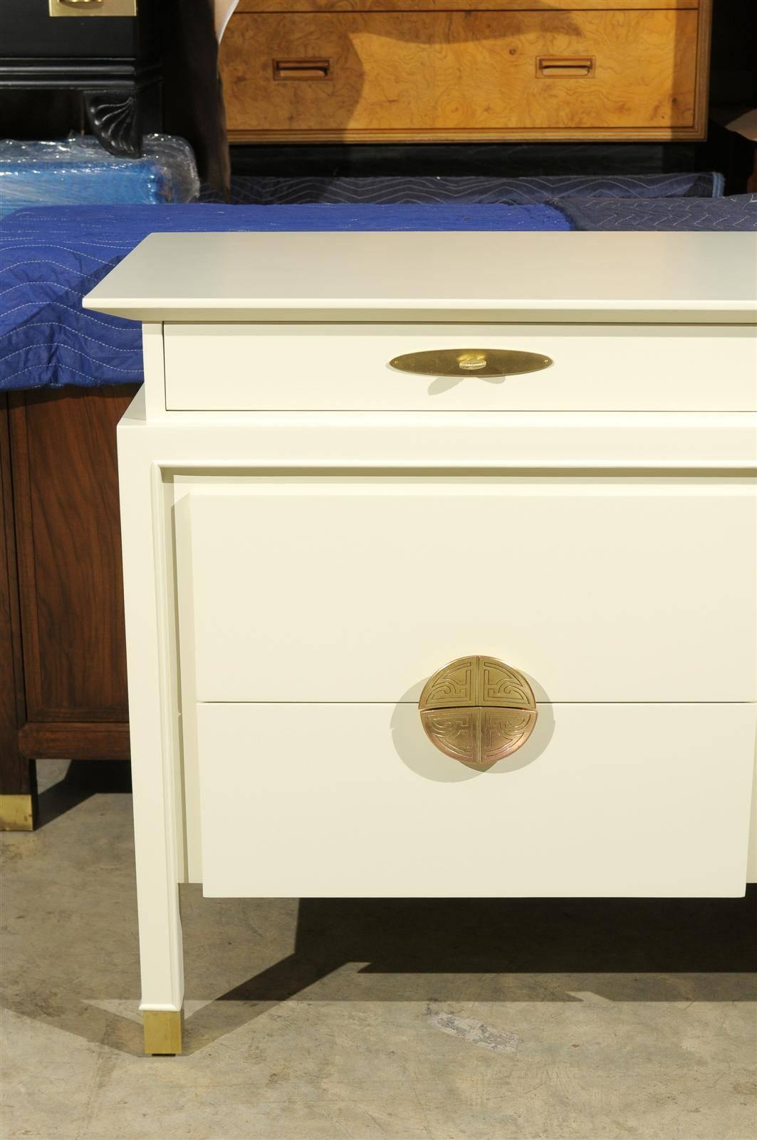 Brass Restored Nine-Drawer Chest by Johnson Furniture Company in Cream Lacquer