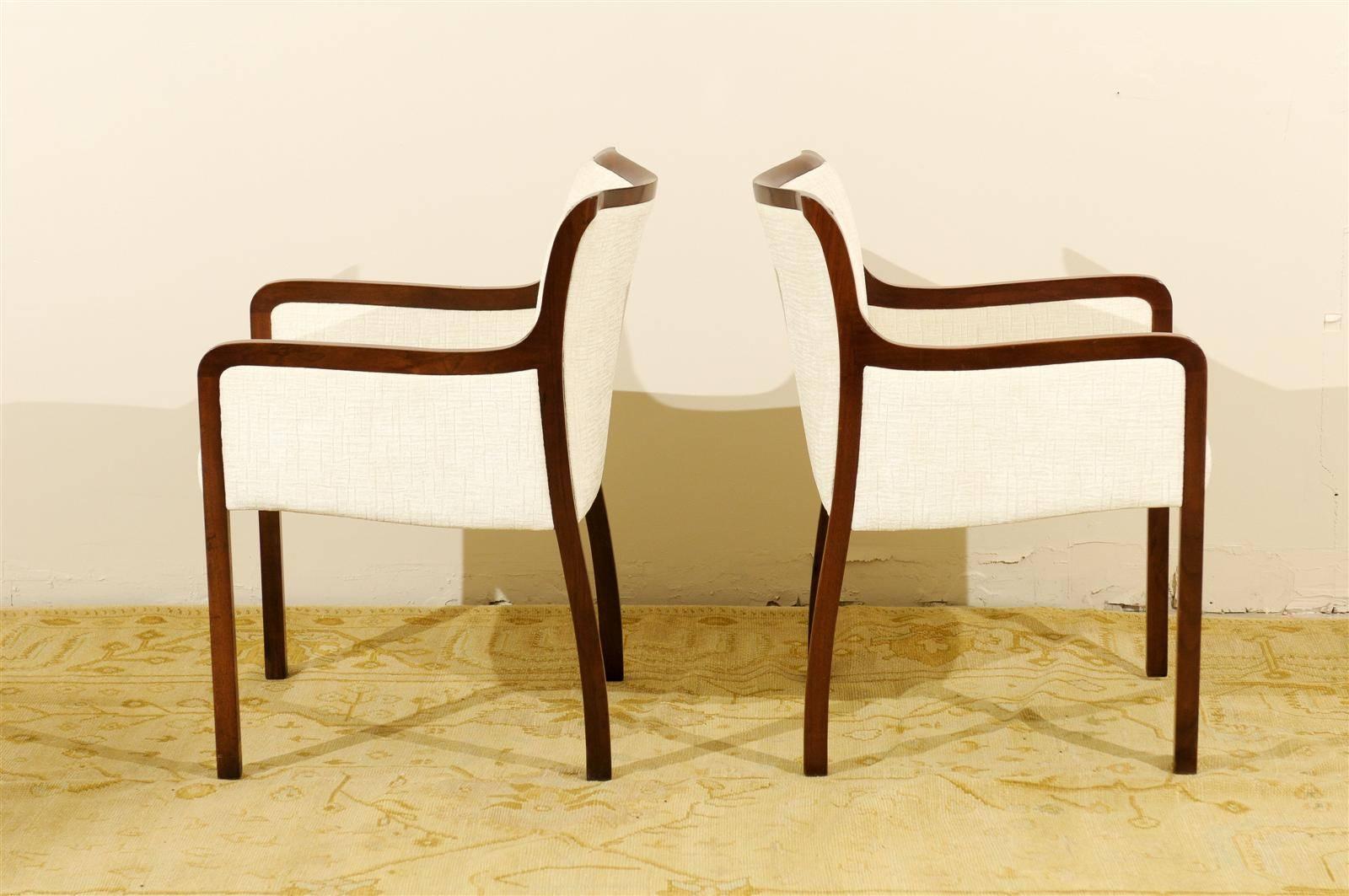 American Elegant Pair of Restored Modern Armchairs in Walnut