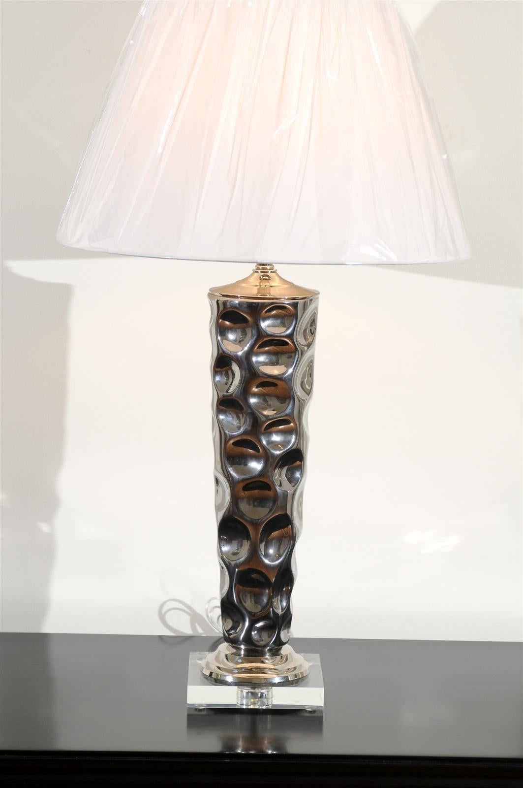 Unknown Pair of Modern Ceramic Tornado Lamps with Nickel and Lucite Accents For Sale
