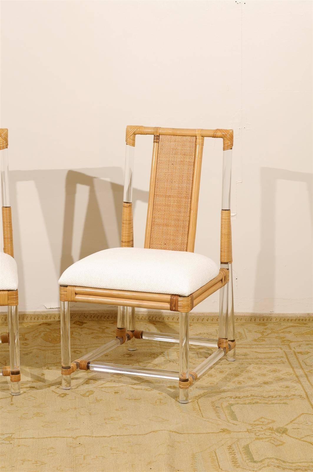 Mid-Century Modern Chic Set of Six Vintage Lucite and Rattan Dining Chairs