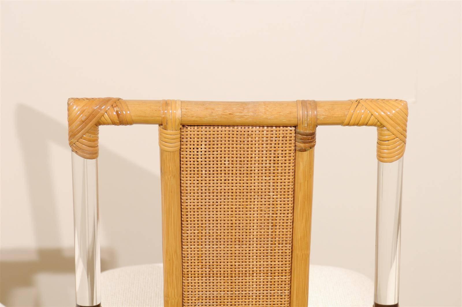 American Chic Set of Six Vintage Lucite and Rattan Dining Chairs