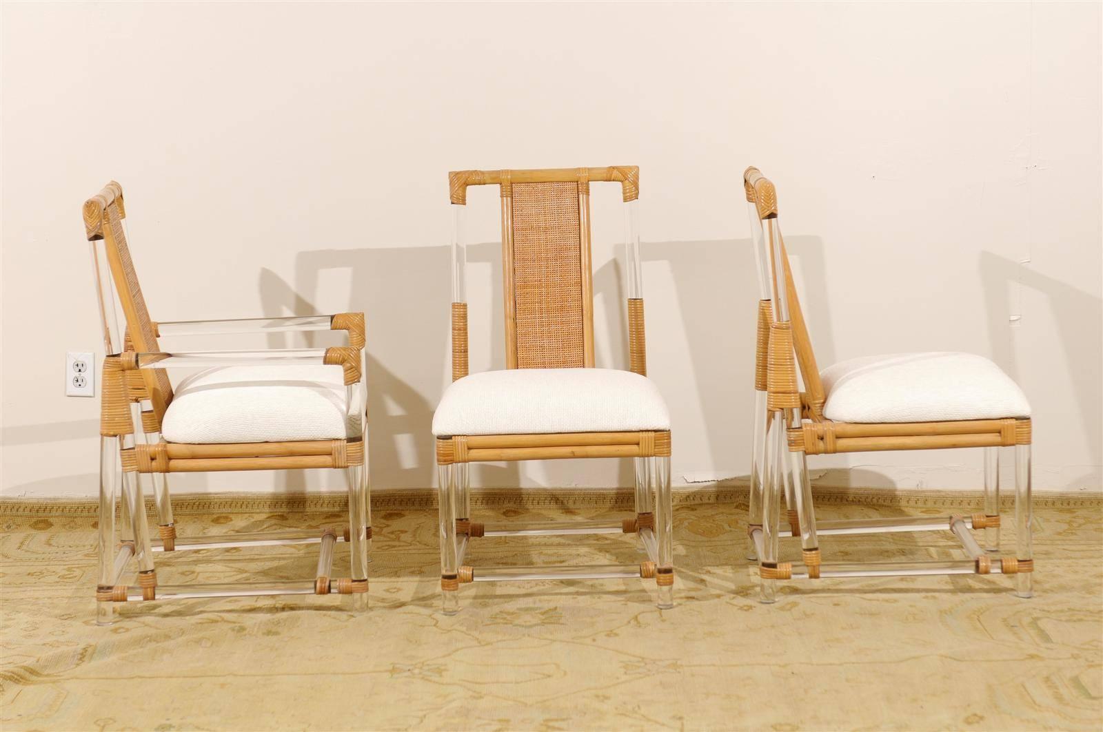 Late 20th Century Chic Set of Six Vintage Lucite and Rattan Dining Chairs