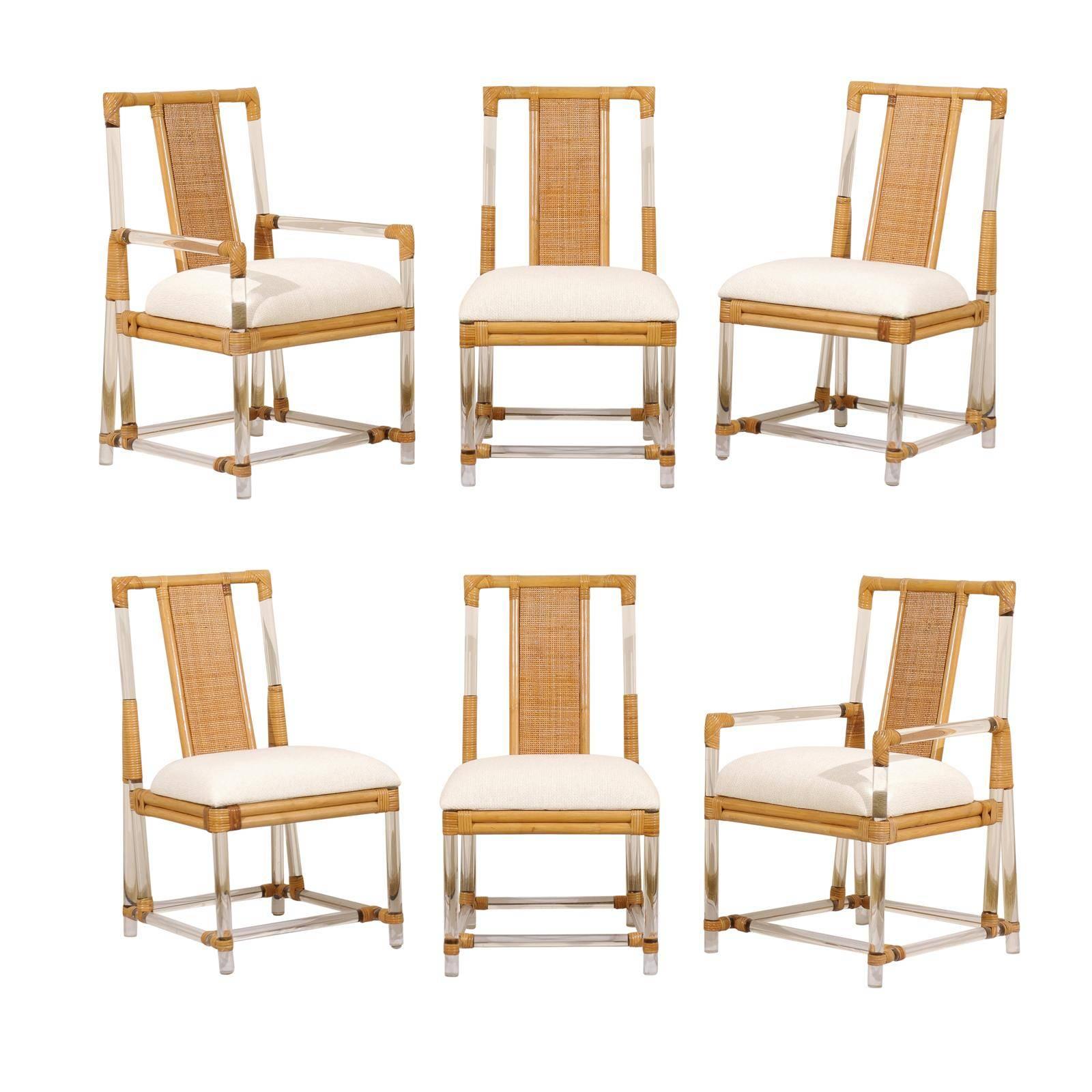 Chic Set of Six Vintage Lucite and Rattan Dining Chairs