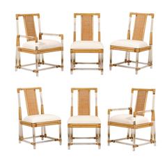 Chic Set of Six Vintage Lucite and Rattan Dining Chairs