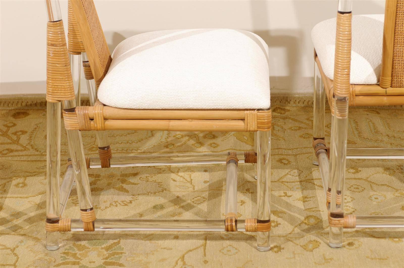 Chic Set of Six Vintage Lucite and Rattan Dining Chairs In Excellent Condition In Atlanta, GA