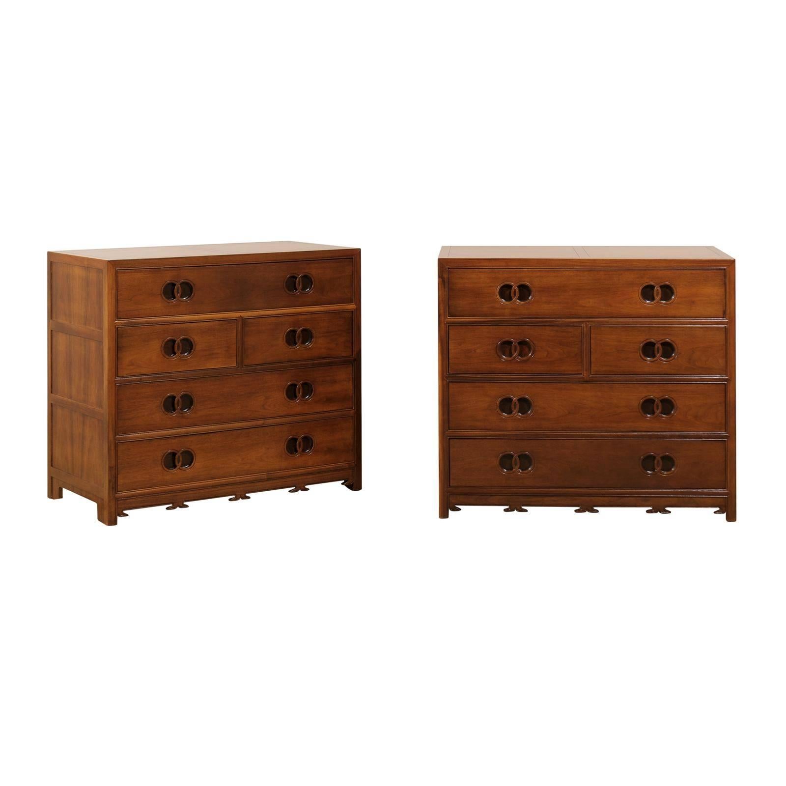 Stunning Restored Pair of Walnut Chests by Michael Taylor for Baker, circa 1960 For Sale