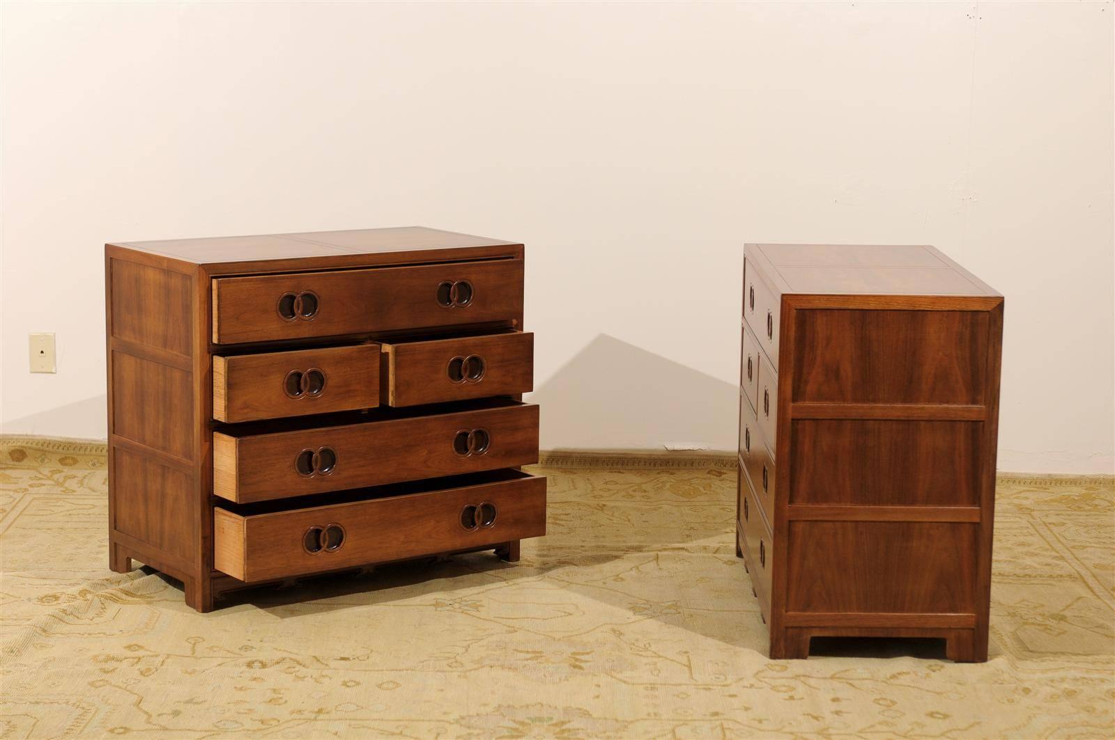 Stunning Restored Pair of Walnut Chests by Michael Taylor for Baker, circa 1960 In Excellent Condition For Sale In Atlanta, GA