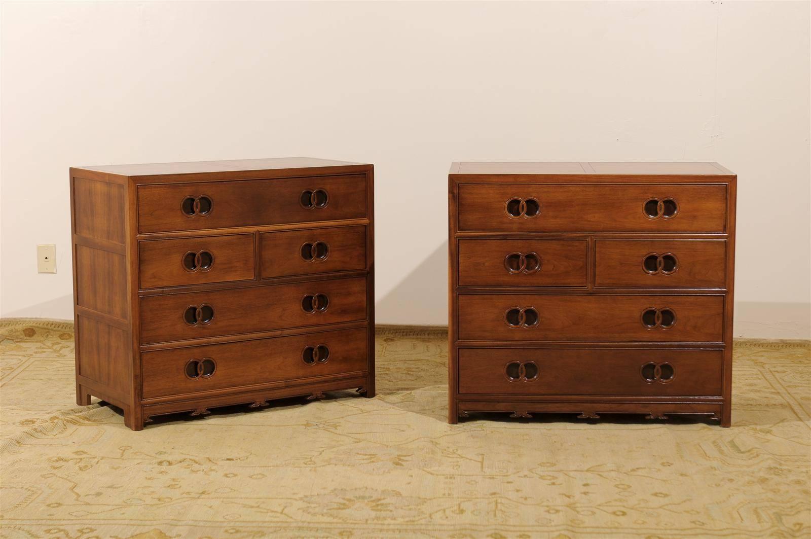 These magnificent chests are shipped as professionally photographed and described in the listing narrative: Completely installation ready.

An exquisite pair of chests designed by the esteemed Michael Taylor for Baker Furniture, circa 1960.