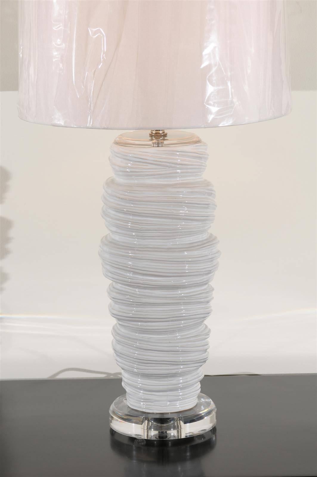 Gorgeous Pair of Ceramic and Lucite Soft Serve Style Lamps 3