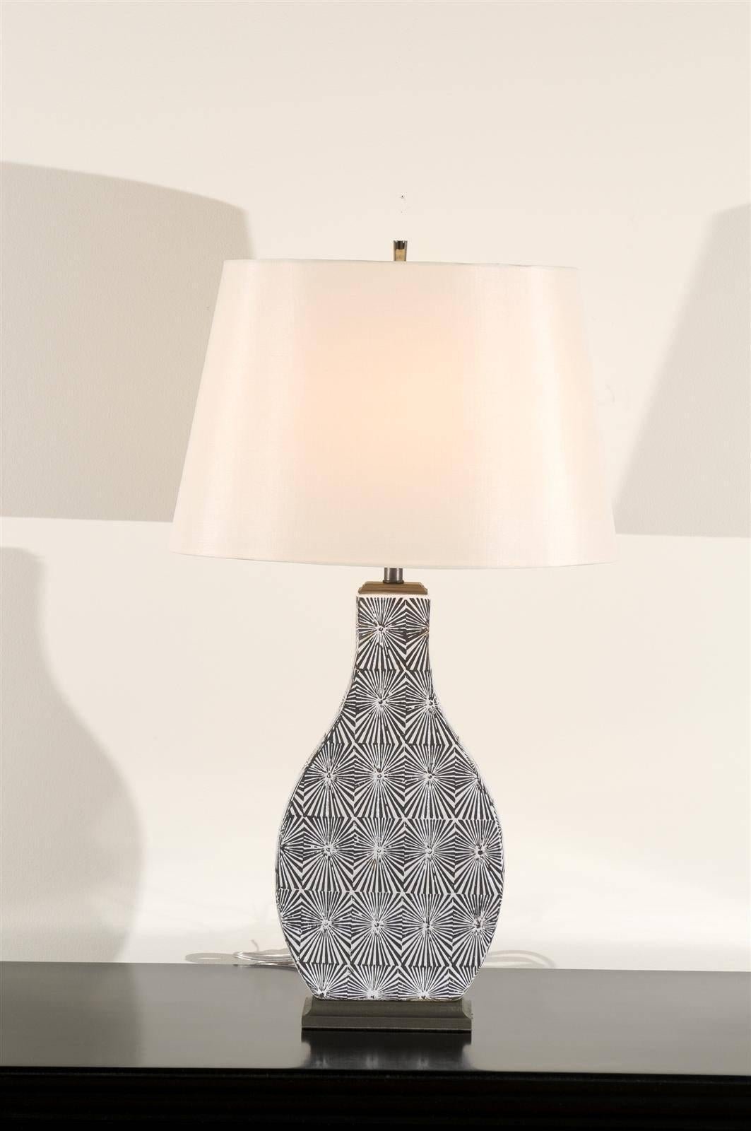 Restored Pair of Modern Ceramic Lamps in Charcoal and Cream In Excellent Condition For Sale In Atlanta, GA