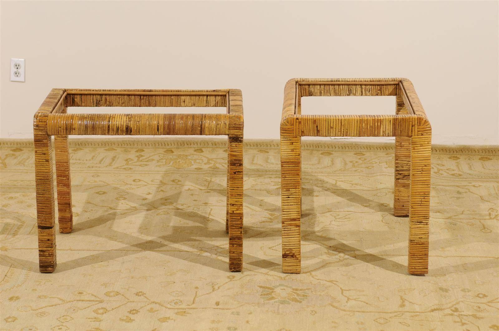 Late 20th Century Stylish Pair of Vintage Rattan Parsons End Tables