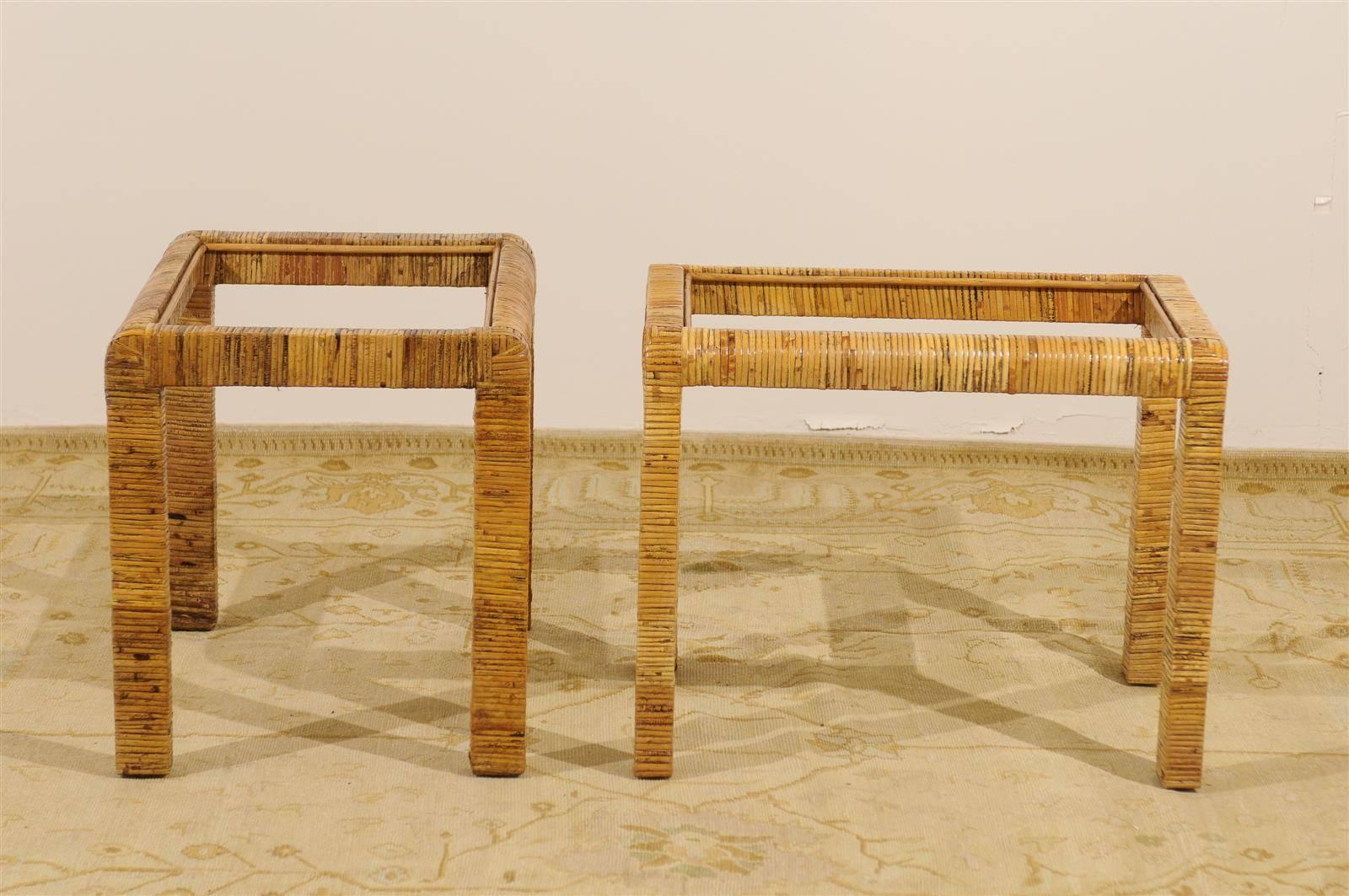 Hardwood Stylish Pair of Vintage Rattan Parsons End Tables