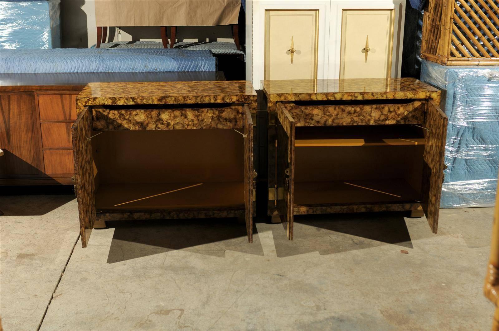 Brass Restored Pair of Vintage Faux Tortoise Shell Cabinets by Henredon, circa 1975