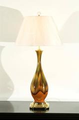 Restored Pair of Vintage Dip Ceramic Lamps in Yellow Ochre, Caramel and Green