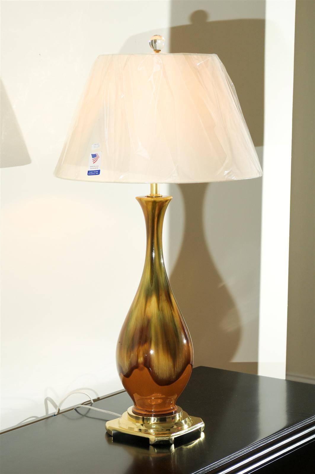 Fin du 20e siècle Paire de lampes vintage en céramique Dip en ocre jaune, caramel et vert, restaurées en vente
