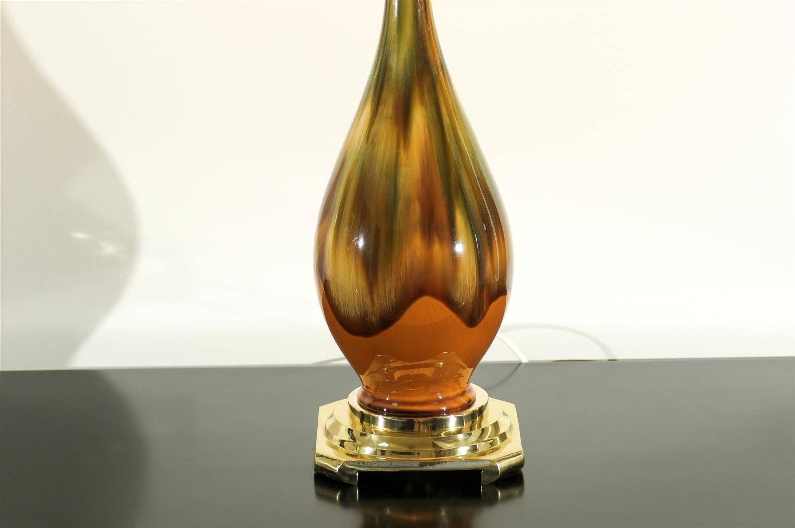 Laiton Paire de lampes Dip vintage restaurées en céramique jaune ocre, caramel et vert en vente