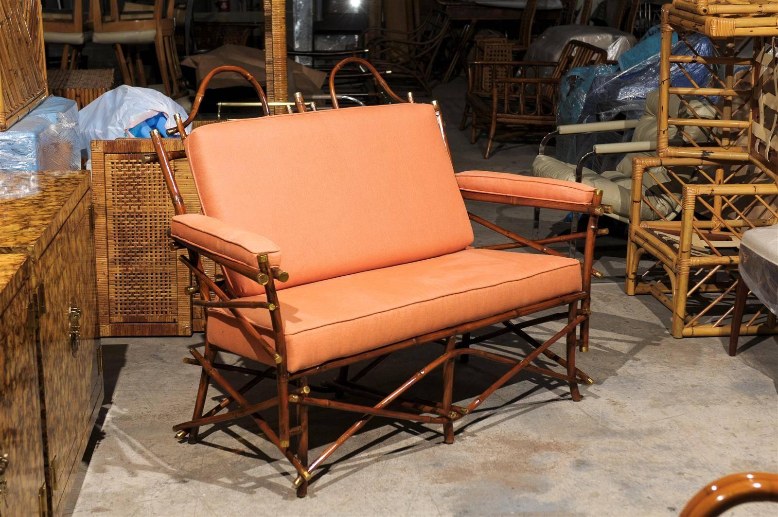 Mid-Century Modern Lovely Vintage Bamboo and Brass Settee For Sale