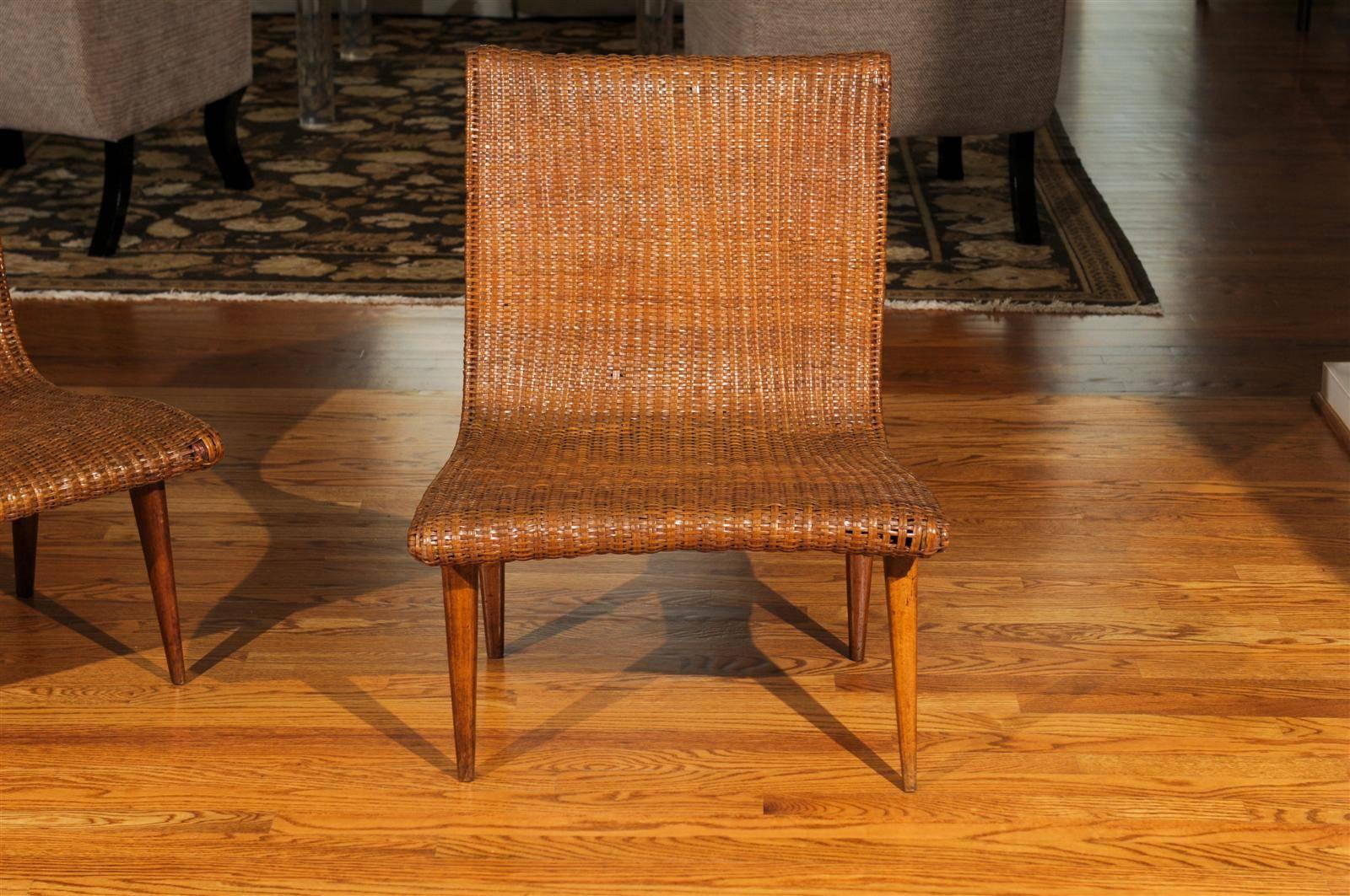 Stellar Pair of Vintage Modern Wicker Slipper Loungers 1