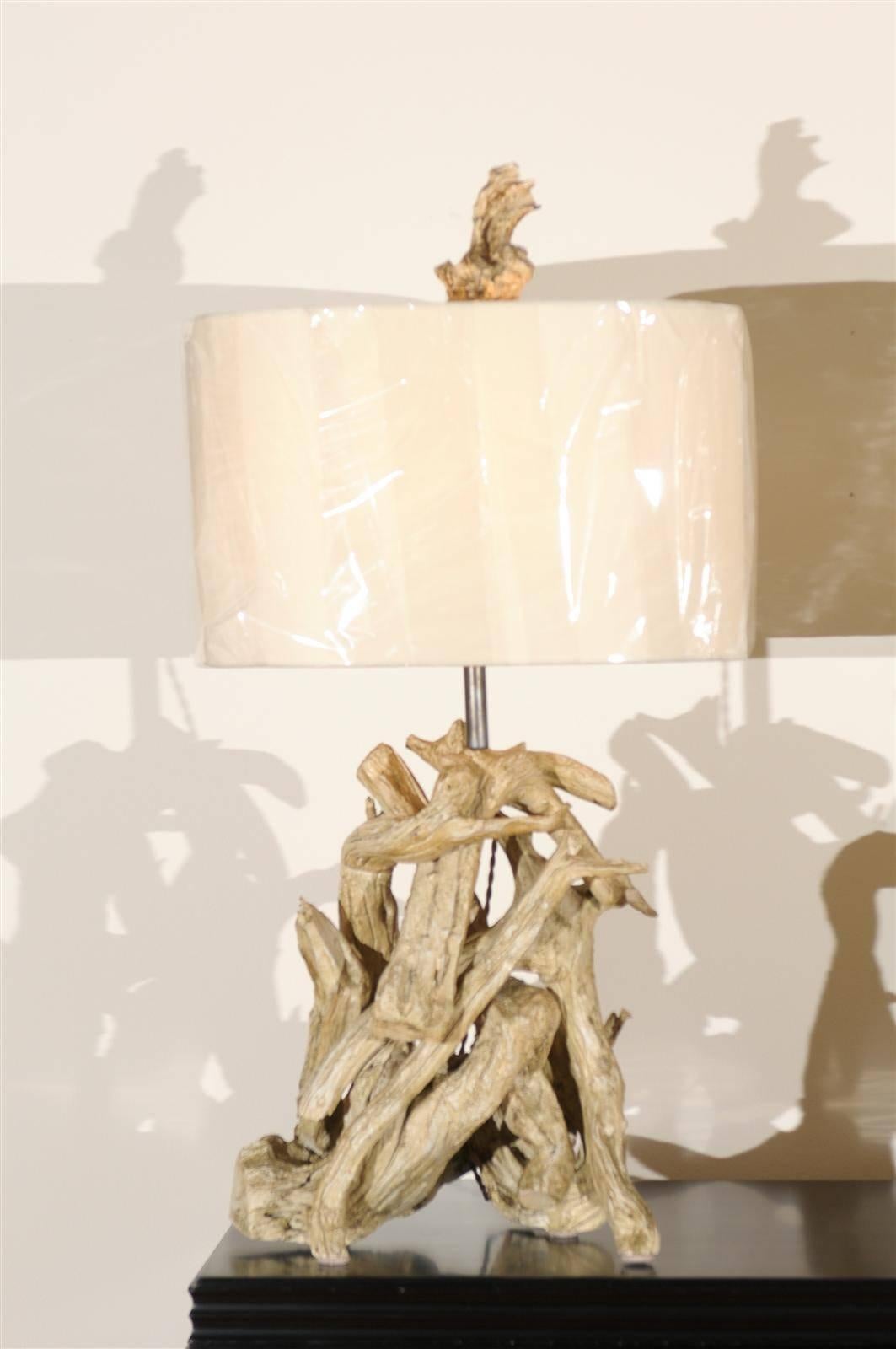Mid-Century Modern Beautiful Restored Pair of Large-Scale Driftwood Lamps in Gesso, circa 1950