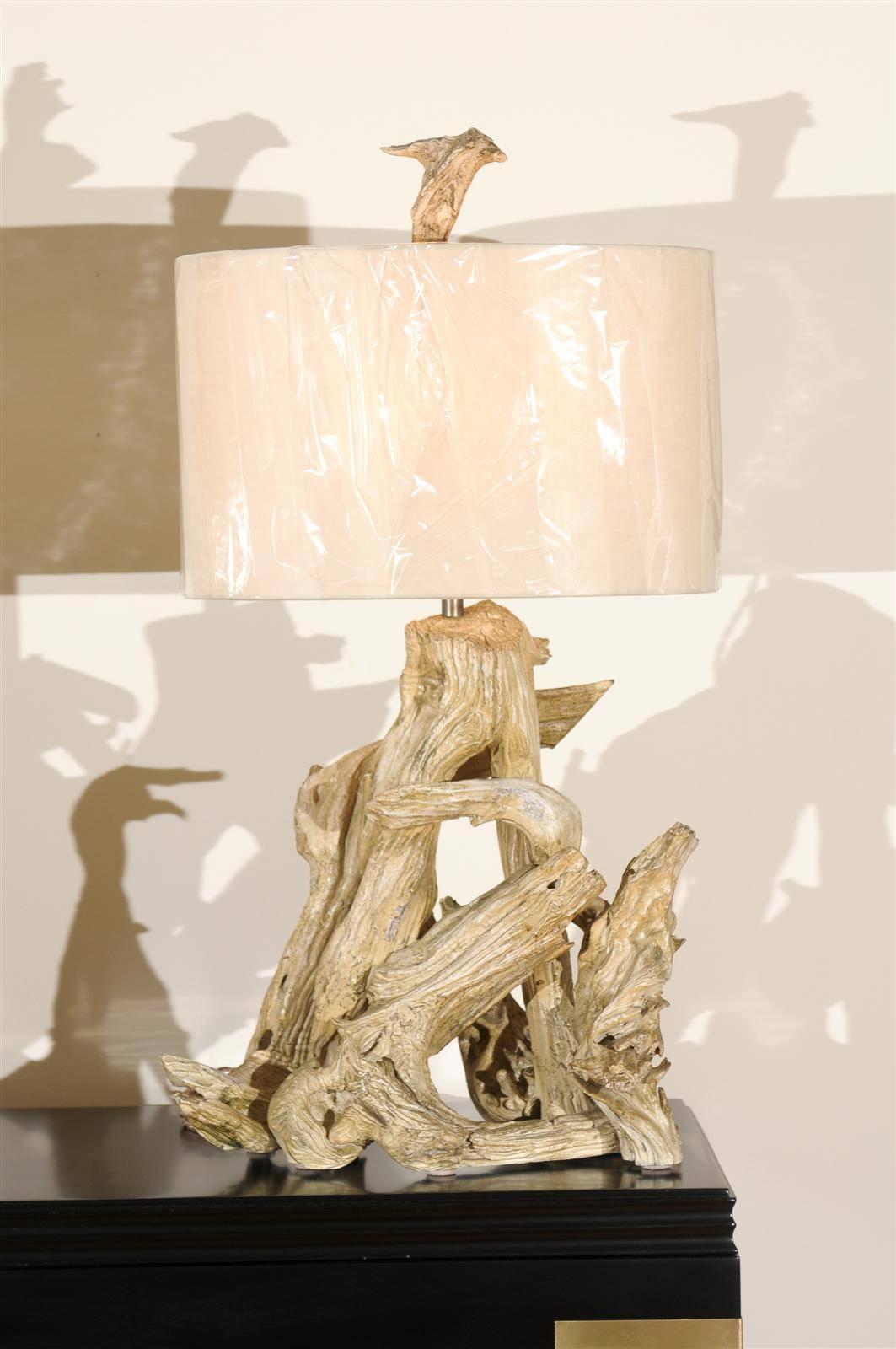 Beautiful Restored Pair of Large-Scale Driftwood Lamps in Gesso, circa 1950 In Excellent Condition In Atlanta, GA