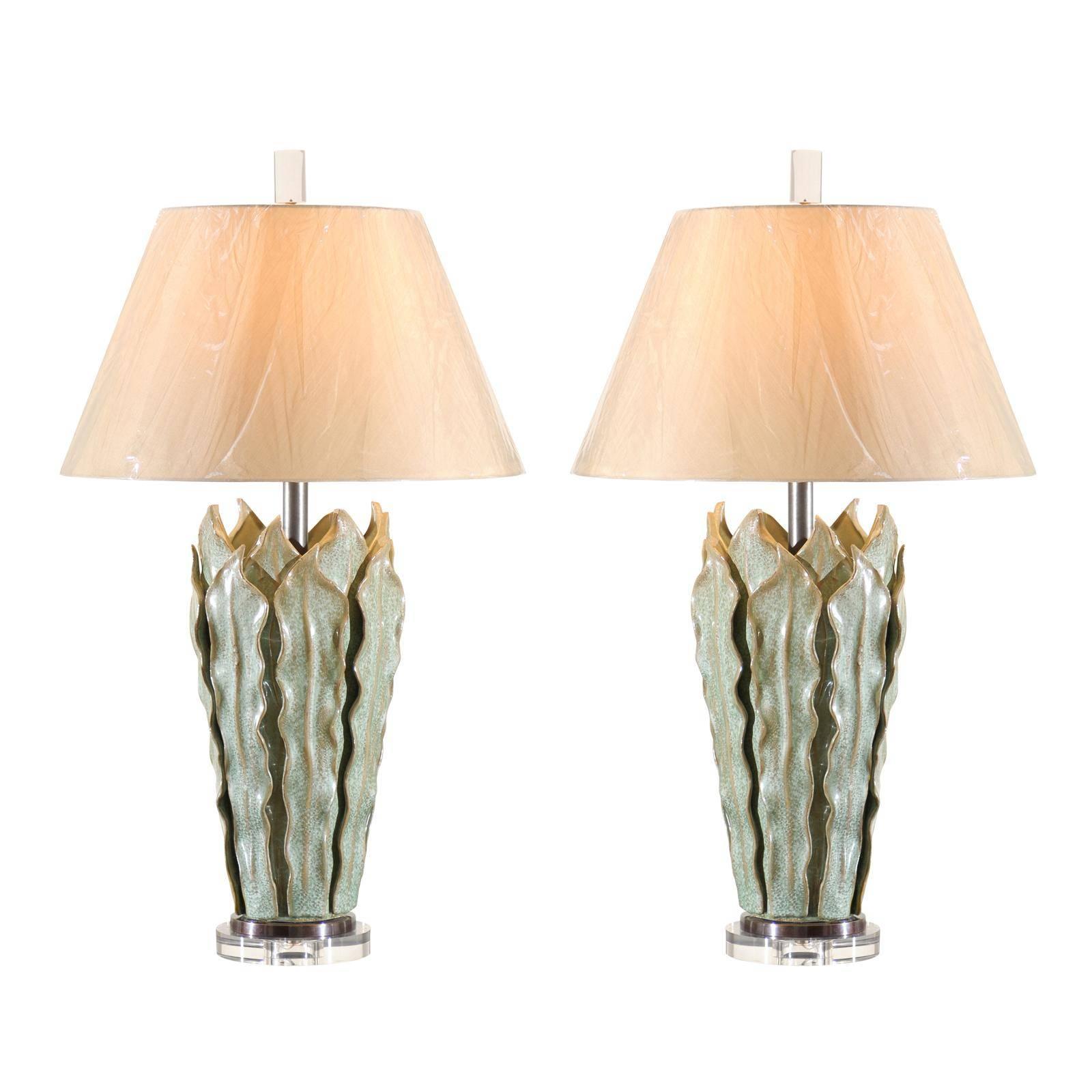 Stunning Pair of Ceramic Fern Leaf Vessels as Custom Lamps