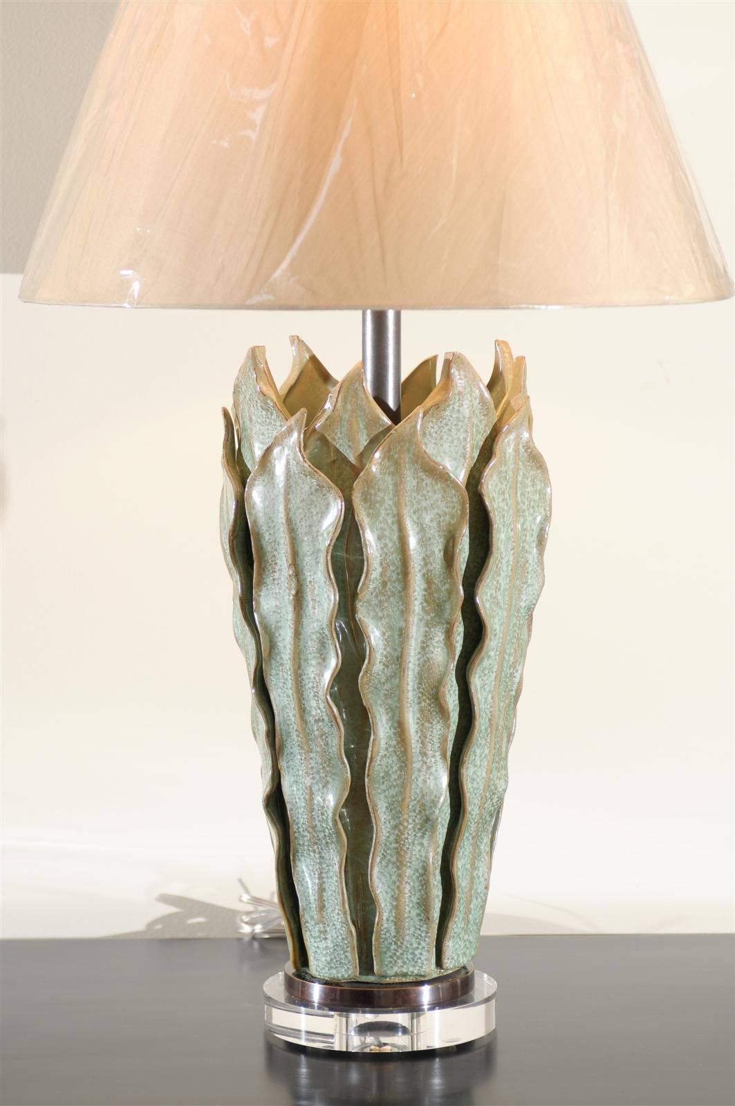 Stunning Pair of Ceramic Fern Leaf Vessels as Custom Lamps 2