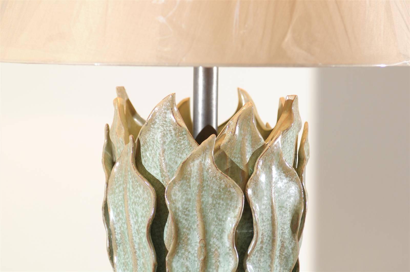 Stunning Pair of Ceramic Fern Leaf Vessels as Custom Lamps 1