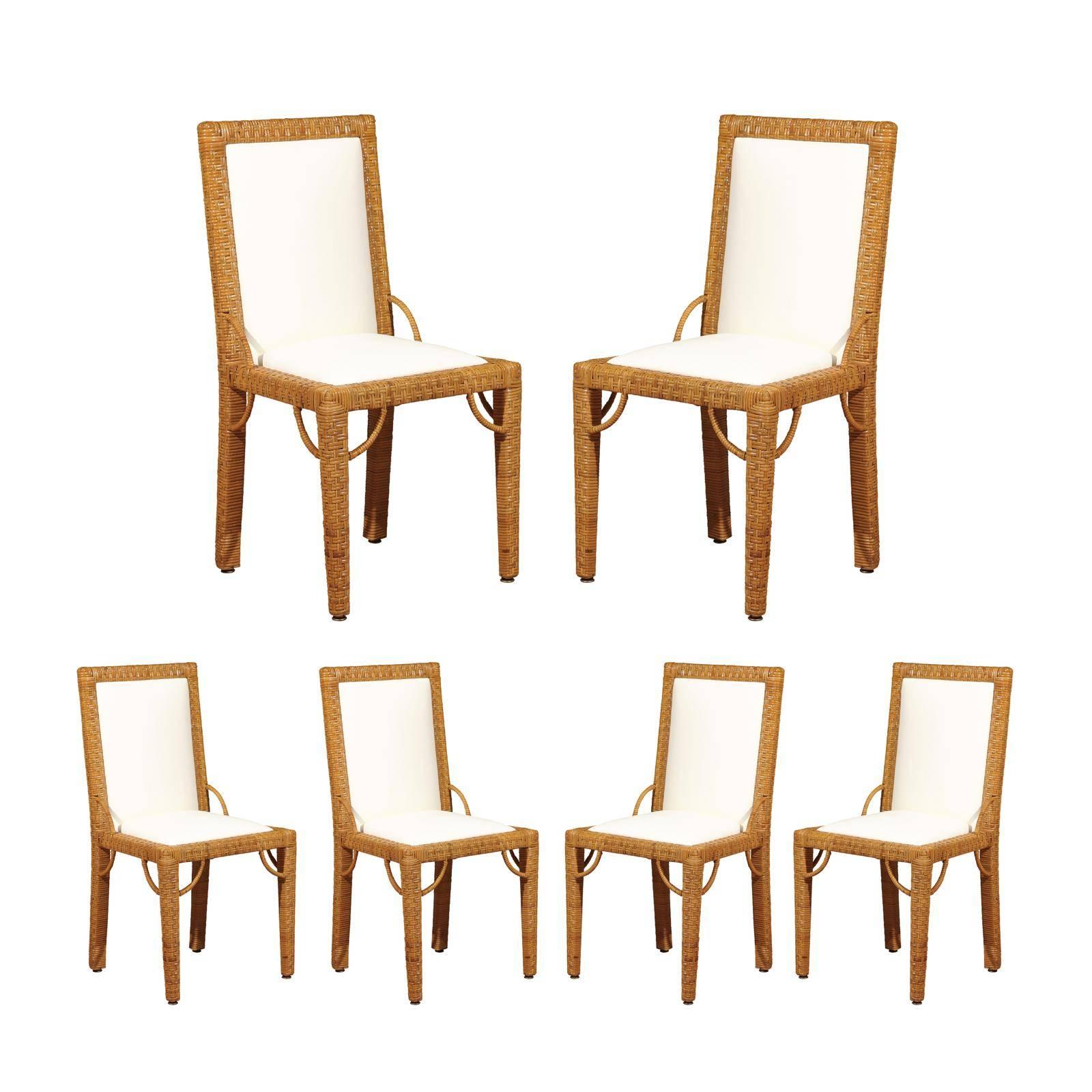 Stylish Set of 6 Restored Rattan Parsons Style Dining Chairs, circa 1975