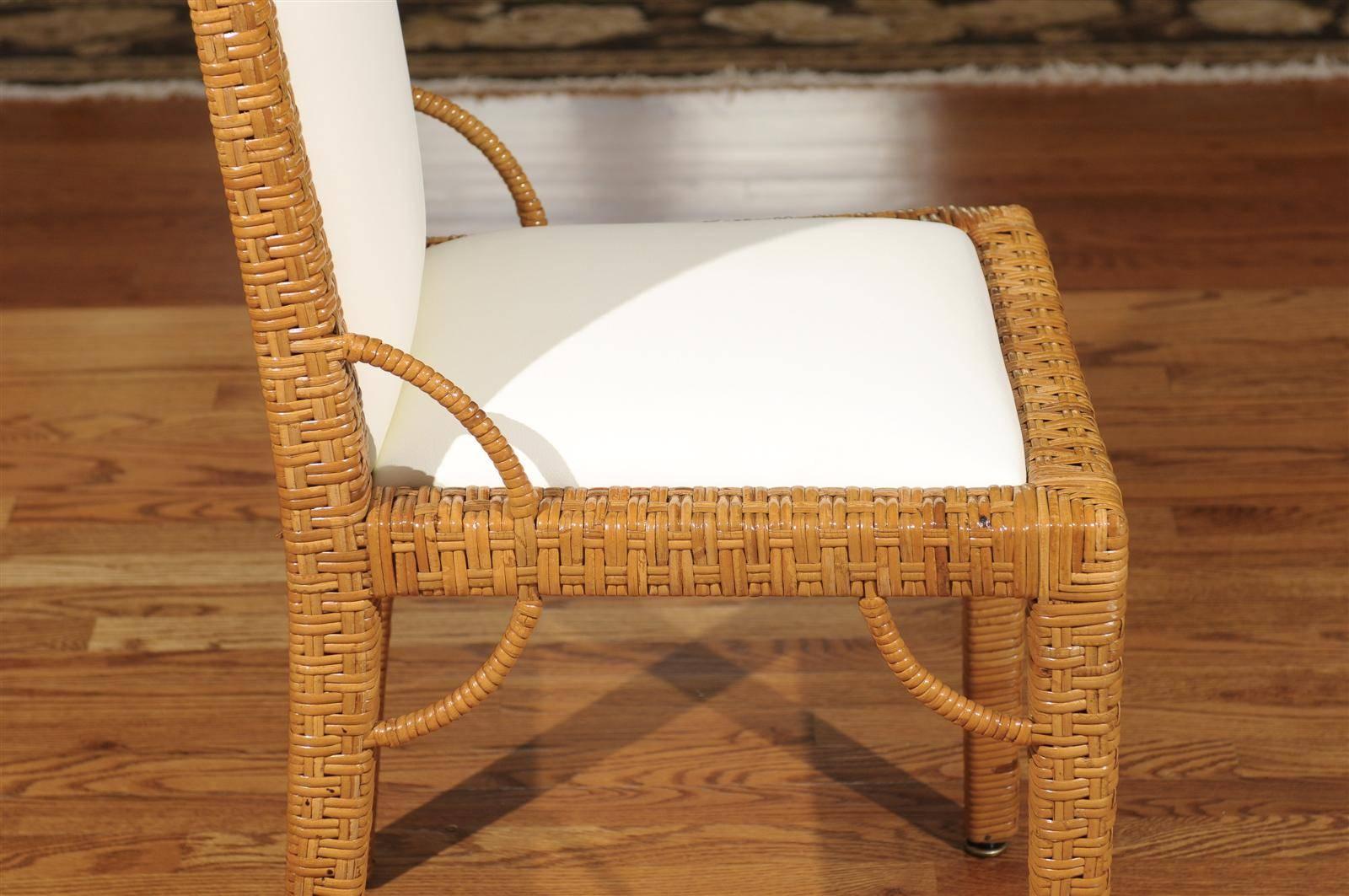 Stylish Set of 6 Restored Rattan Parsons Style Dining Chairs, circa 1975 In Excellent Condition In Atlanta, GA