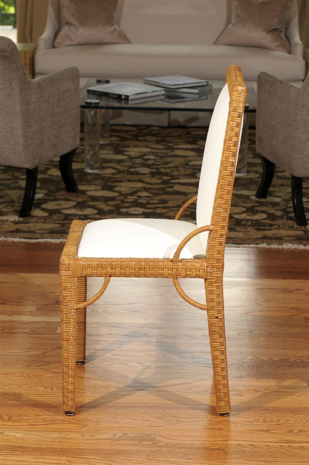 Stylish Set of 6 Restored Rattan Parsons Style Dining Chairs, circa 1975 1