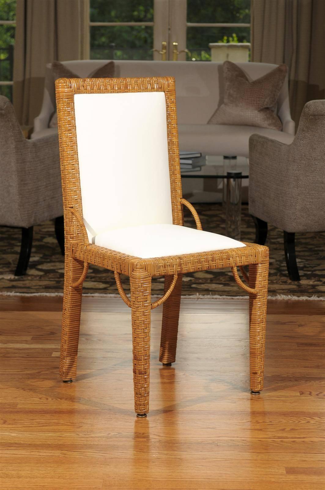 These magnificent dining chairs are shipped as professionally photographed and described in the listing narrative: Completely installation ready.

A stellar set of six (6) Parsons style dining chairs, circa 1975. Stout hardwood frame construction,