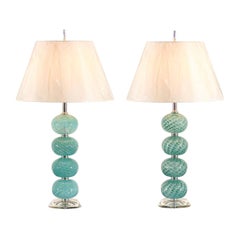 Outstanding Pair of Vintage Stacked Blown Glass Ball Murano Lamps