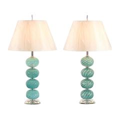 Outstanding Pair of Vintage Stacked Blown Glass Ball Murano Lamps 4