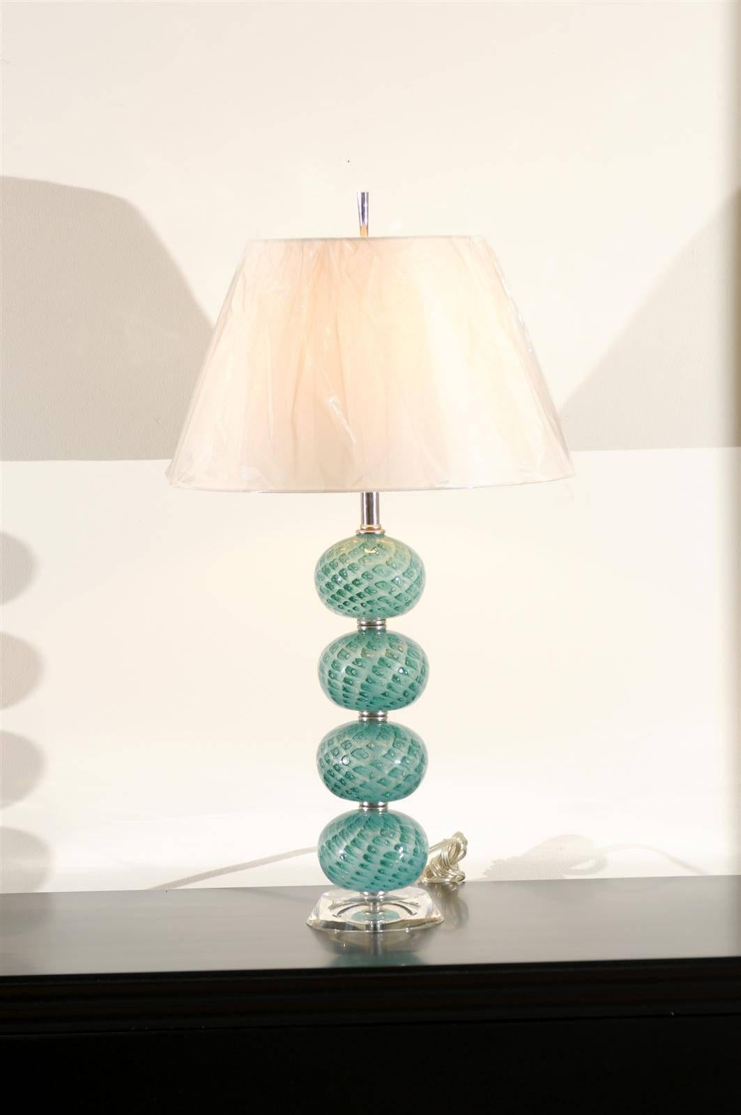 Outstanding Pair of Vintage Stacked Blown Glass Ball Murano Lamps In Excellent Condition For Sale In Atlanta, GA