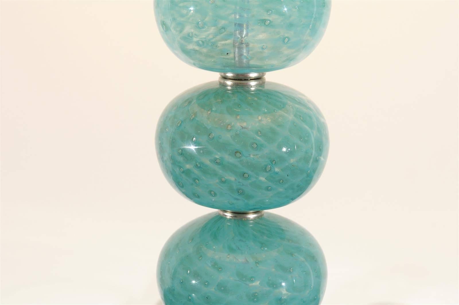 Italian Outstanding Pair of Vintage Stacked Blown Glass Ball Murano Lamps For Sale