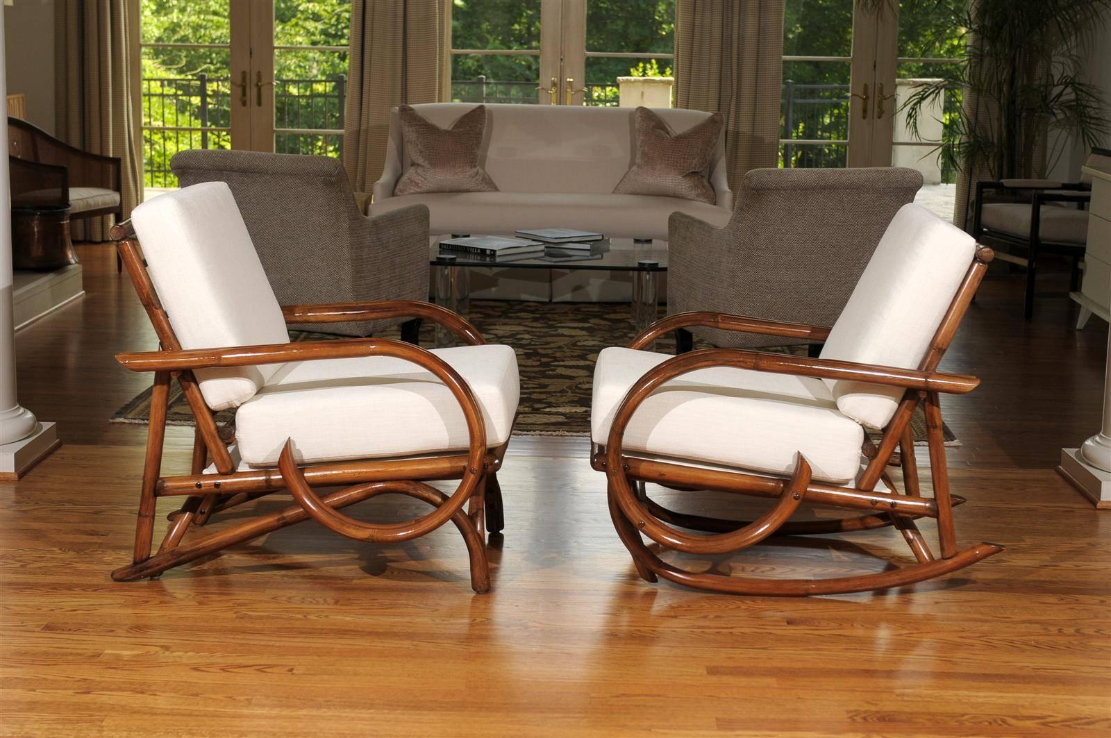 These magnificent lounge chairs are shipped as professionally photographed and described in the listing narrative: Meticulously professionally restored and installation ready. Expert custom upholstery service is available.

An unusually beautiful