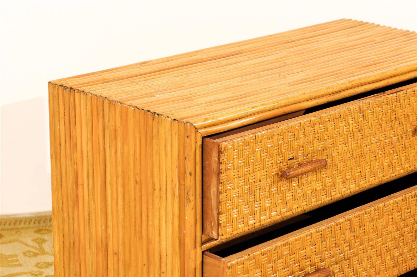 Handsome Pair of Restored Vintage Bamboo and Rattan Chests In Excellent Condition In Atlanta, GA