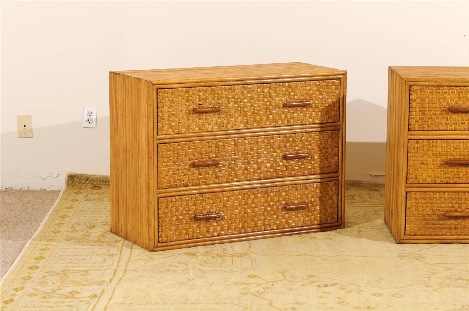 Mid-Century Modern Handsome Pair of Restored Vintage Bamboo and Rattan Chests